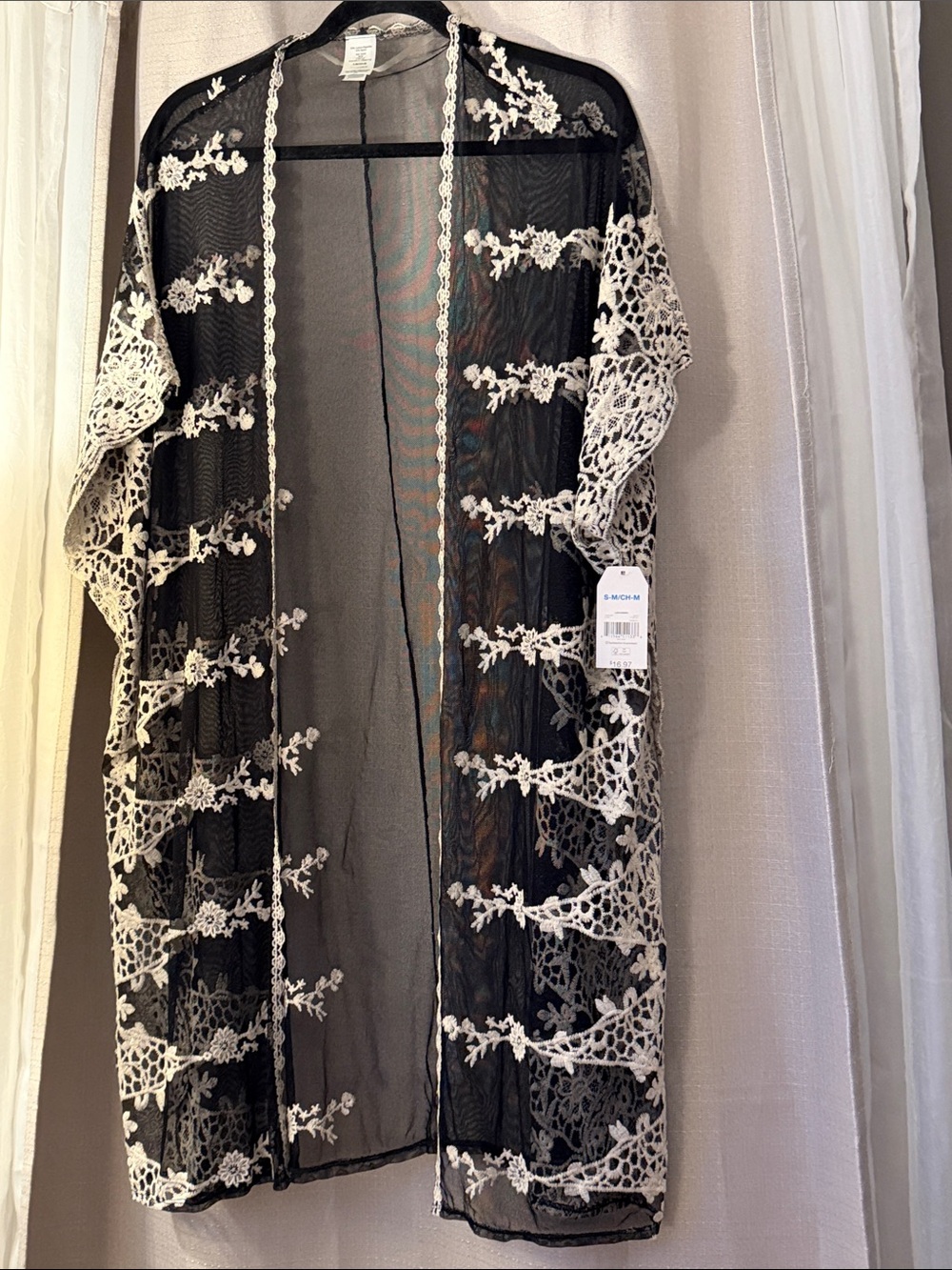 Time and Tru Black Sheer Lace Kimono with White Crochet Trim